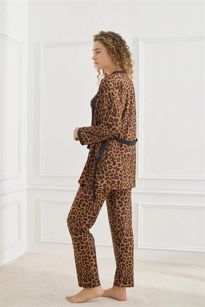Kadın Leopar Desen İp Askılı Sabahlıklı 3lü Pijama Takım | Siyah 30201-951