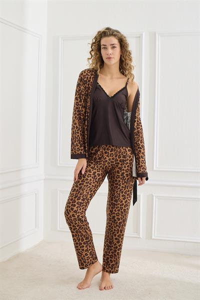 Kadın Leopar Desen İp Askılı Sabahlıklı 3lü Pijama Takım | Siyah 30201-951