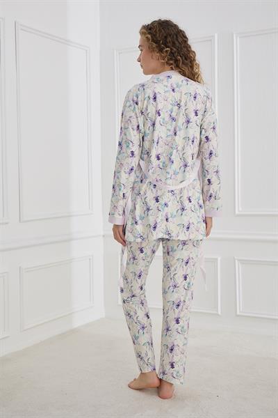 Kadın Çiçek Desenli İp Askılı Sabahlıklı 3lü Pijama Takım | Lila 30201-954