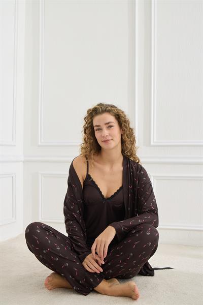 Kadın Desenli İp Askılı Sabahlıklı 3lü Pijama Takım | Siyah 30201-952