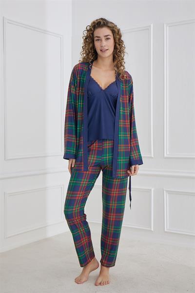 Kadın Ekose Desenli İp Askılı Sabahlıklı 3lü Pijama Takım | Lacivert 30201-966