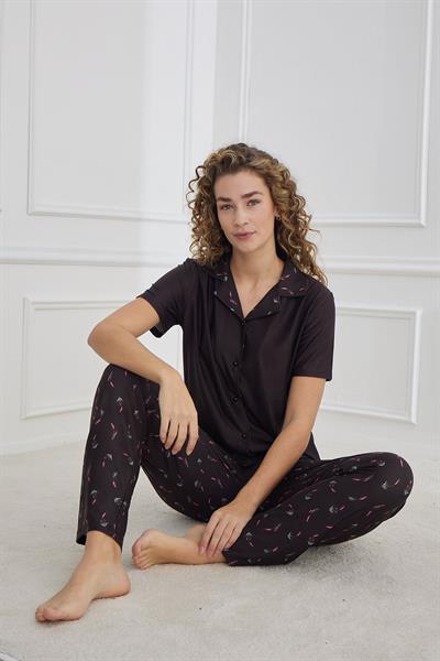 Kadın Desenli Polo Yaka Kısa Kol Pijama Takım | Siyah 30101-952