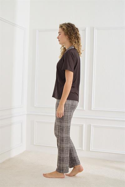 Kadın Desenli Polo Yaka Kısa Kol Pijama Takım | Siyah 30101-582