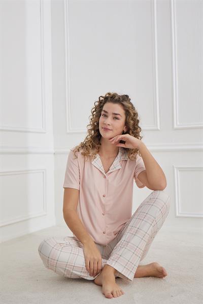 Kadın Desenli Polo Yaka Kısa Kol Pijama Takım | Pudra 30101-1277
