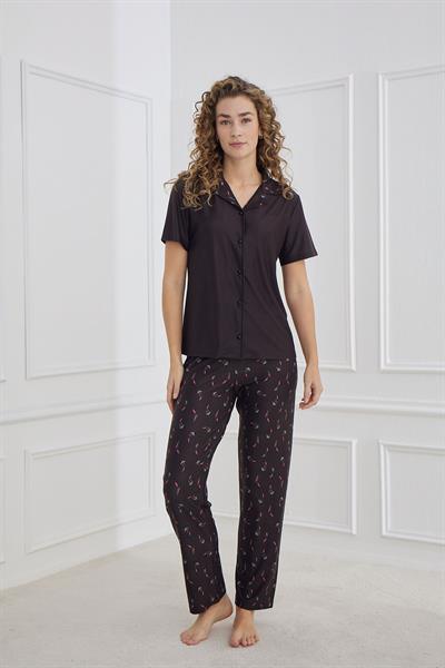 Kadın Desenli Polo Yaka Kısa Kol Pijama Takım | Siyah 30101-952