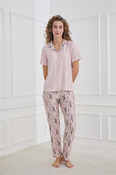 Kadın Polo Yaka Çiçek Desenli Önden Düğmeli Pijama Takım | Lila 30101-946