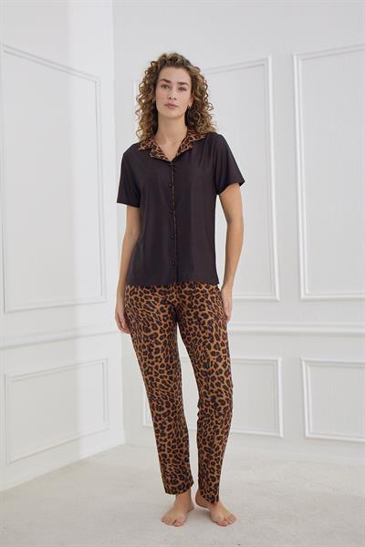 Kadın Polo Yaka Leopar Desen Önden Düğmeli Pijama Takım | Kahve-Siyah30101-951