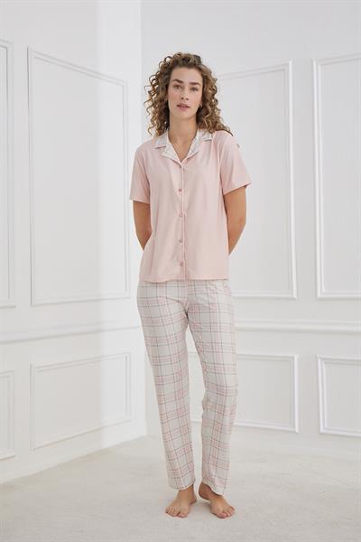 Kadın Desenli Polo Yaka Kısa Kol Pijama Takım | Pudra 30101-1277