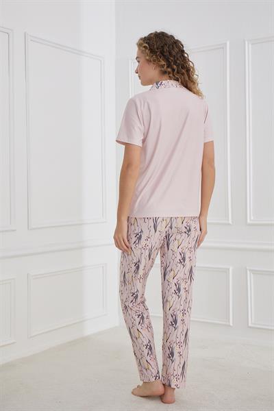 Kadın Polo Yaka Çiçek Desenli Önden Düğmeli Pijama Takım | Lila 30101-946