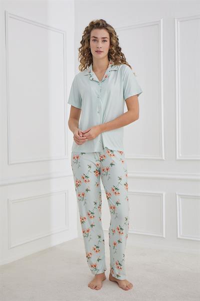 Kadın Marla Desenli Polo Yaka Önden Düğmeli Pijama Takım | Mint 30101-948