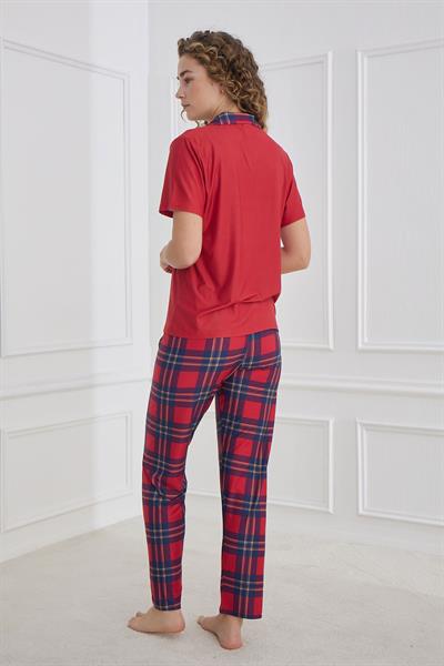 Kadın Desenli Polo Yaka Kısa Kol Pijama Takım | Kırmızı 30101-327