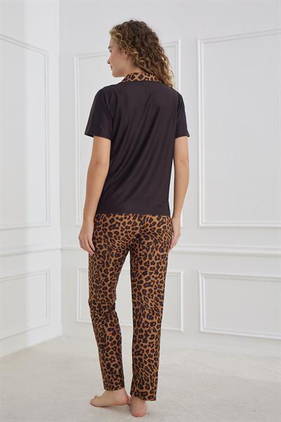 Kadın Polo Yaka Leopar Desen Önden Düğmeli Pijama Takım | Kahve-Siyah30101-951