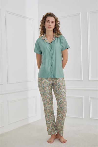 Kadın Polo Yaka Şal Desenli Önden Düğmeli Pijama Takımı | Mint 30101-1278
