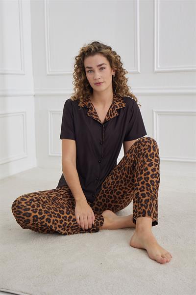 Kadın Polo Yaka Leopar Desen Önden Düğmeli Pijama Takım | Kahve-Siyah30101-951