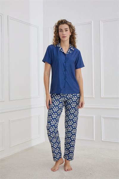 Kadın Desenli Polo Yaka Kısa Kol Pijama Takım | Lacivert 30101-1269