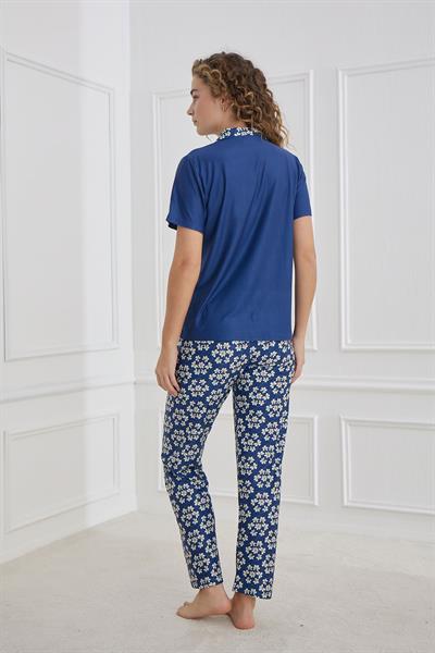 Kadın Desenli Polo Yaka Kısa Kol Pijama Takım | Lacivert 30101-1269