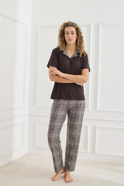 Kadın Desenli Polo Yaka Kısa Kol Pijama Takım | Siyah 30101-582