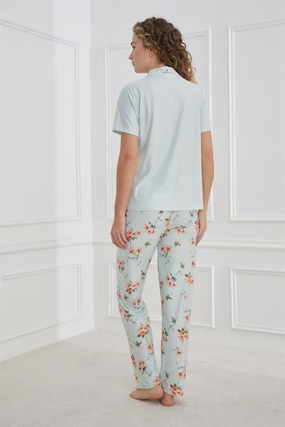 Kadın Marla Desenli Polo Yaka Önden Düğmeli Pijama Takım | Mint 30101-948