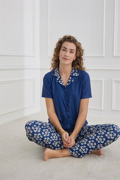 Kadın Desenli Polo Yaka Kısa Kol Pijama Takım | Lacivert 30101-1269