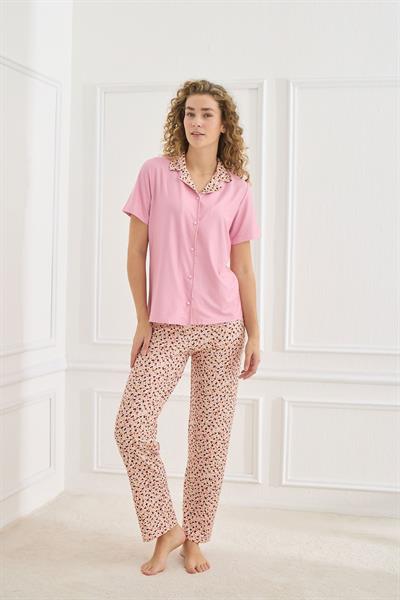 Kadın Desenli Polo Yaka Kısa Kol Pijama Takım | Pembe 30101-970