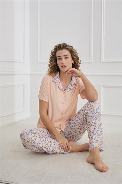 Kadın Desenli Polo Yaka Kısa Kol Pijama Takım | Somon 30101-947