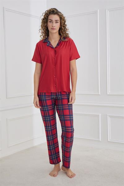 Kadın Desenli Polo Yaka Kısa Kol Pijama Takım | Kırmızı 30101-327