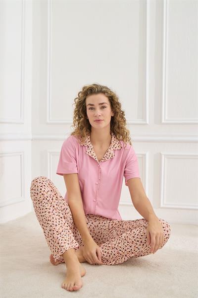 Kadın Desenli Polo Yaka Kısa Kol Pijama Takım | Pembe 30101-970