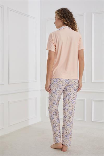 Kadın Desenli Polo Yaka Kısa Kol Pijama Takım | Somon 30101-947