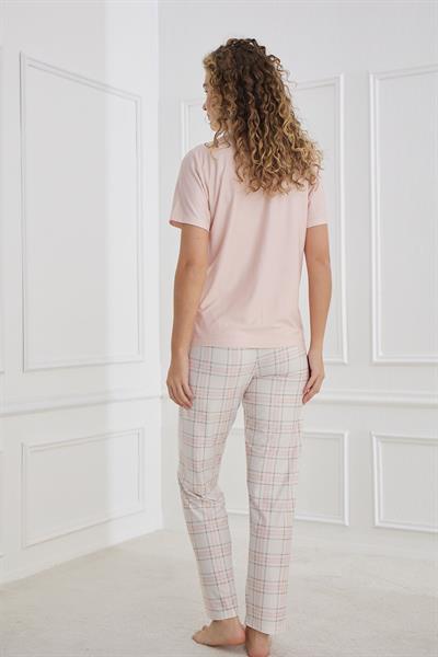 Kadın Desenli Polo Yaka Kısa Kol Pijama Takım | Pudra 30101-1277