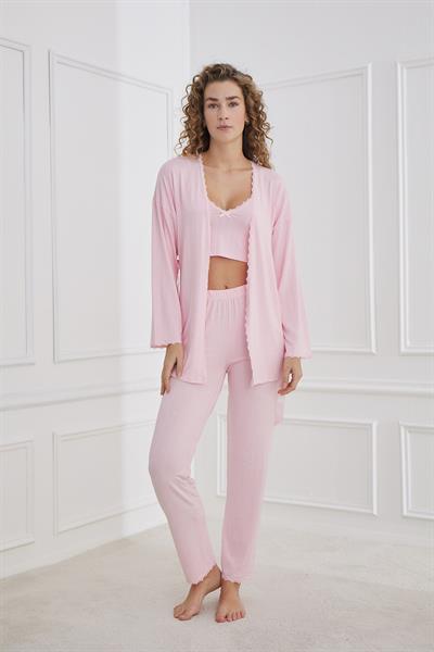 Kadın İp Askılı Sabahlıklı 3lü PijamaTakım | Pembe 80710-658