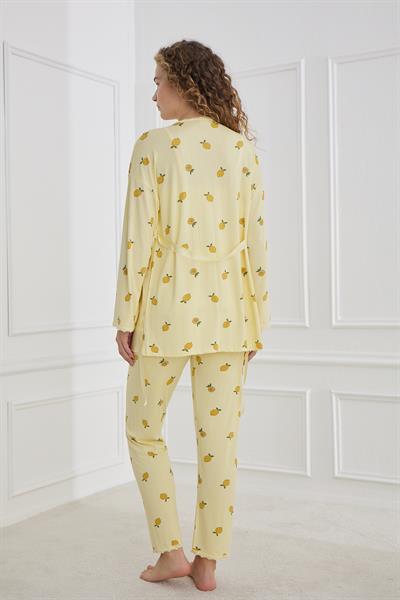 Kadın Desenli İp Askılı Sabahlıklı 3lü Pijama Takım | Sarı  80710-856