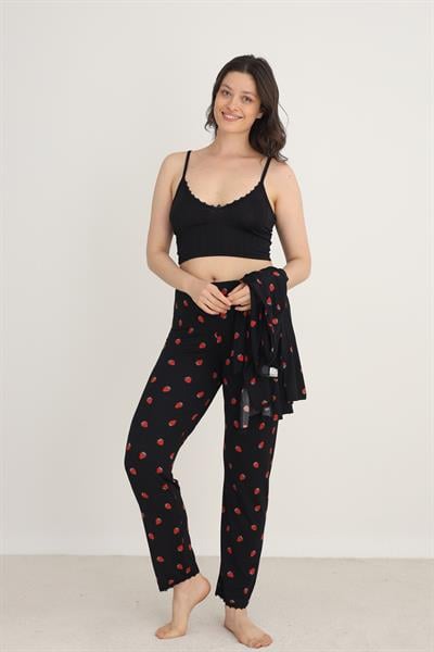 Kadın Çilek Desenli İp Askılı Sabahlıklı 3lü Pijama Takım | Siyah 80710-889