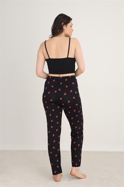 Kadın Çilek Desenli İp Askılı Sabahlıklı 3lü Pijama Takım | Siyah 80710-889