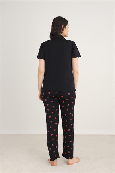 Kadın Marlenka Önden Düğmeli Pijama Takım | Siyah 80602-889