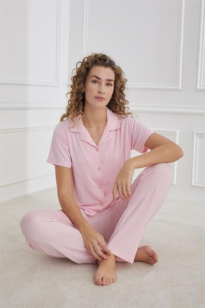 Kadın Polo Yaka Önden Düğmeli Pijama Takım | Pembe 80602-658