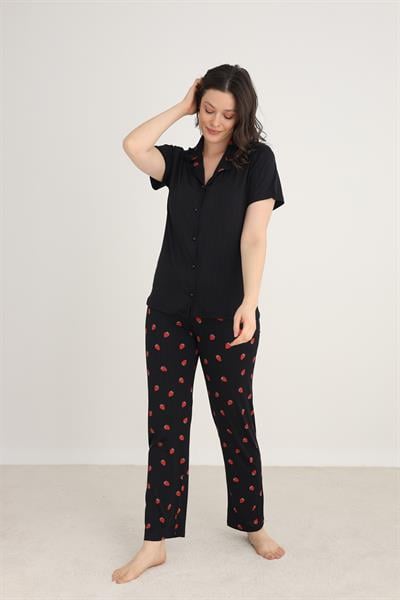 Kadın Marlenka Önden Düğmeli Pijama Takım | Siyah 80602-889