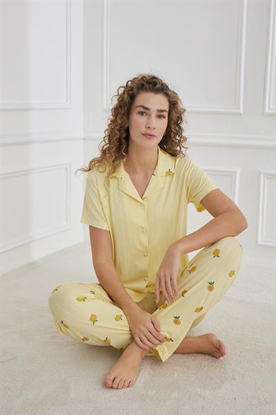 Kadın Desenli Polo Yaka Önden Düğmeli Pijama Takım | Sarı 80602-856
