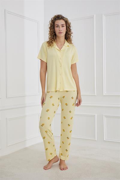 Kadın Desenli Polo Yaka Önden Düğmeli Pijama Takım | Sarı 80602-856