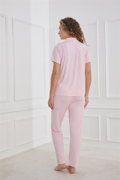 Kadın Polo Yaka Önden Düğmeli Pijama Takım | Pembe 80602-658