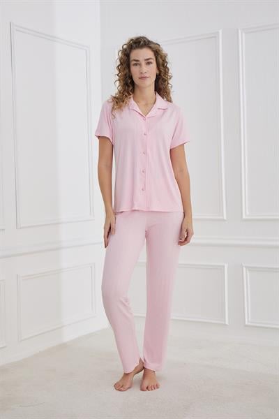 Kadın Polo Yaka Önden Düğmeli Pijama Takım | Pembe 80602-658