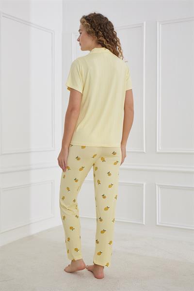 Kadın Desenli Polo Yaka Önden Düğmeli Pijama Takım | Sarı 80602-856