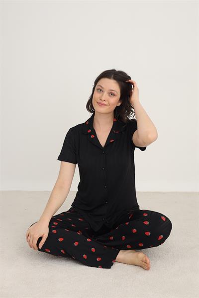 Kadın Marlenka Önden Düğmeli Pijama Takım | Siyah 80602-889