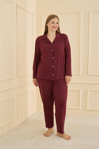 Kadın Milan Battal Önden Düğmeli Pijama Takımı | Bordo 50801-1917