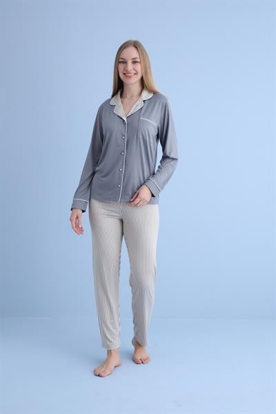 Kadın Milan Genç Önden Düğmeli Pijama Takımı | Gri 50904-1231