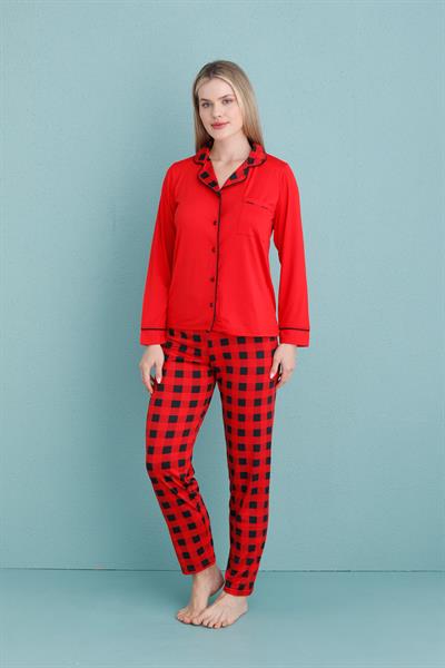 Kadın Milan Genç Önden Düğmeli Pijama Takımı | Nar Çiçeği 50904-657