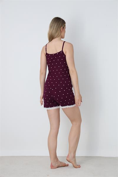 Kadın Dantel Detay Puantiye Desen İp Askılı Şort Takım | Mürdüm 50115-398