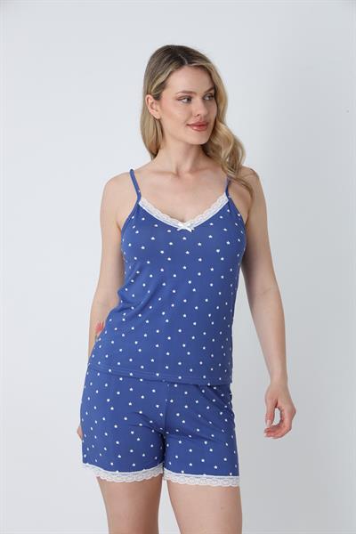 Kadın Yıldız Desenli Dantel Detay İp Askılı Şort Takım | Mavi 50115-1502