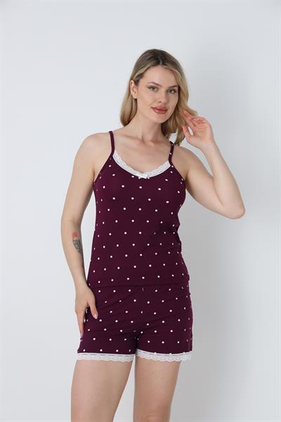 Kadın Dantel Detay Puantiye Desen İp Askılı Şort Takım | Mürdüm 50115-398