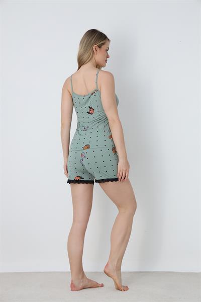 Kadın Puantiyeli Hayvan Figürlü İp Askı Şort Takım | Yeşil 50115-1675