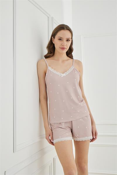 Kadın Kalp Desenli Dantel Detay İp Askılı Şort Takım  | Lila 50115-204